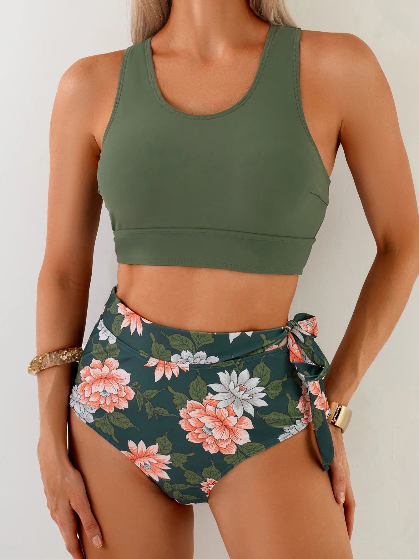 Women Floral Print Bikini Set Olive Green Tank Top with Side Tie Bow High Waisted Bottom Two‑Piece Bathing Suit view 5
