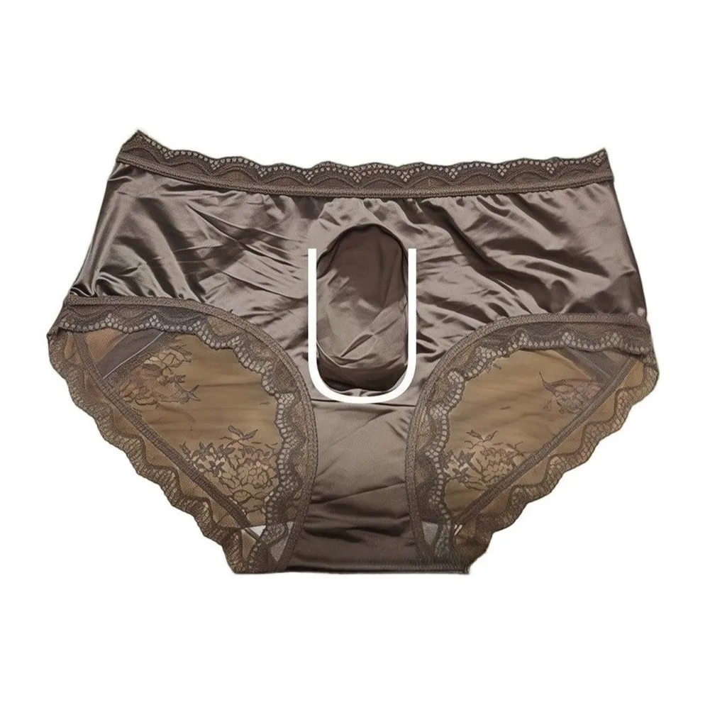 Men Satin Lace Seamless Ice Silk Ultra-Thin Briefs Underwear 3D Bulge Pouch Smooth Panties Transparent Boxer Shorts