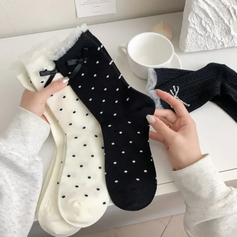 

2026 MIU Style Bow Socks for Women Japanese Polka Dot Stacking Socks Sweat Absorbing Cotton Medium Tube Stockings Versatile