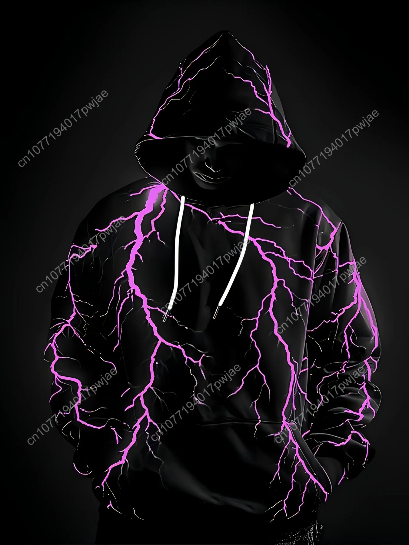 Men's Hoodie with Neon Pink Lightning Bolt - Stretchy Knit Pullover Sweatshirt for Gym, Streetwear & Everyday - Adjustable Hoodi