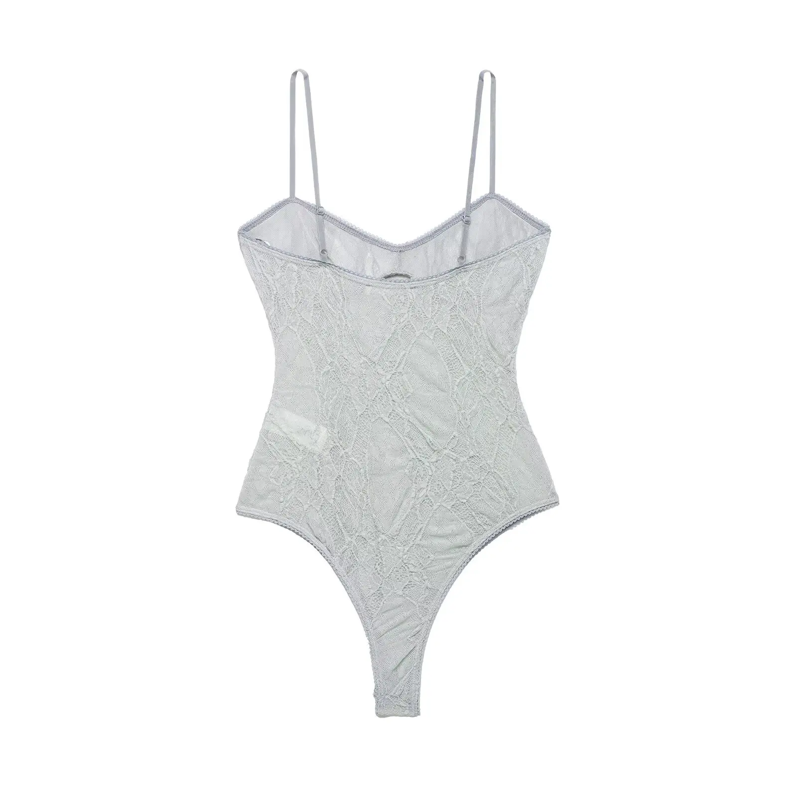 HH Eleganter Lässiger Grauer Spitzen-Bodysuit, Damen Transparenter Mesh-Top mit Spaghettiträgern, Sexy Sommer-Ästhetik Ausgeh-Oberteil – Detail 3