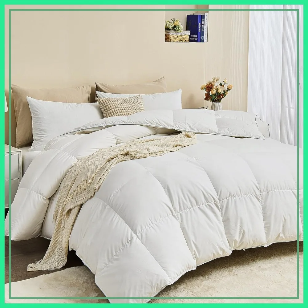 

Luxury Down Feather Fiber Comforter King Size - Ultra-Soft Egyptian Cotton Blend Cover, Fluffy High Fill-Power All Season Hotel Duvet Insert (106x90 in, White)