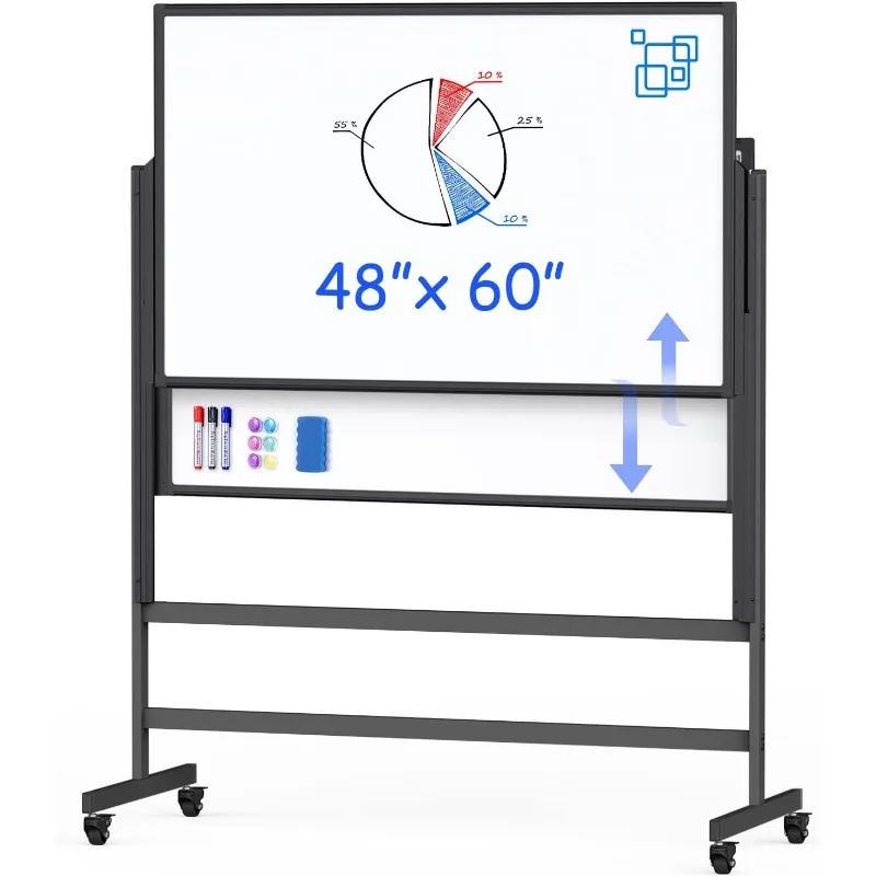 48 x 60 inches Large Standing Easel White Board on Wheels, 4‘x5' Mobile Double-Side Magnetic Rolling White Board