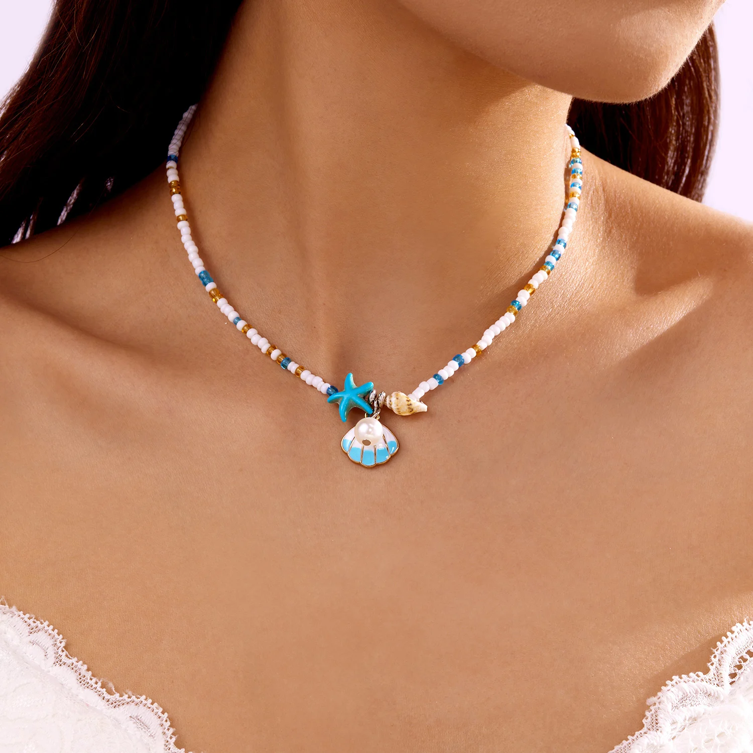 Einfache Seestern-Anhänger-Halskette mit Metallgehäuse für Damen, böhmische Halskette mit gemischten Farben und Reisperlen, Strandurlaubsschmuck – Detail 6