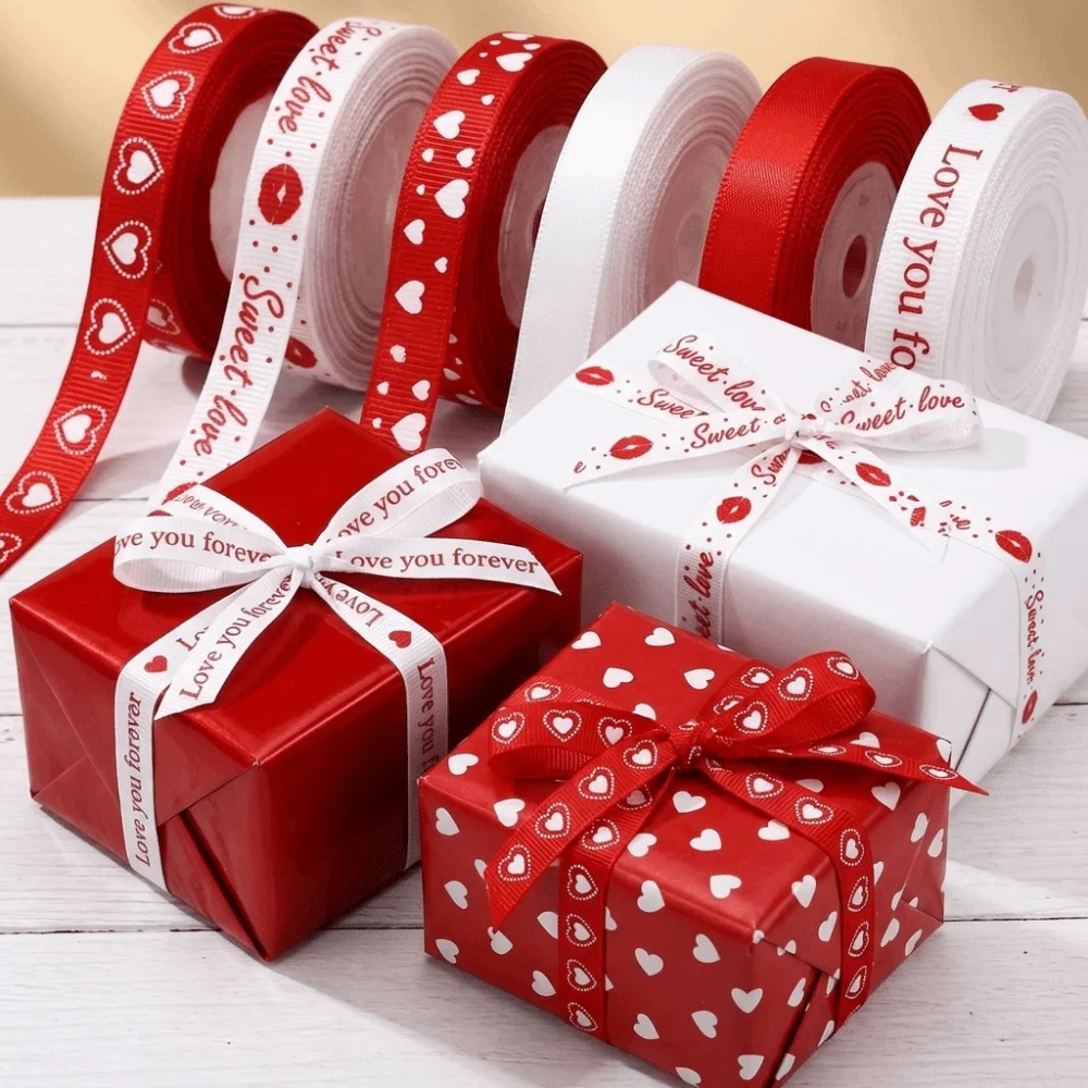 5 Yards Red Love Printed Ribbon Single-Sided Handmade Ribbon Heart Print Ribbon Polyester Gift Packaging Ribbon Wedding
