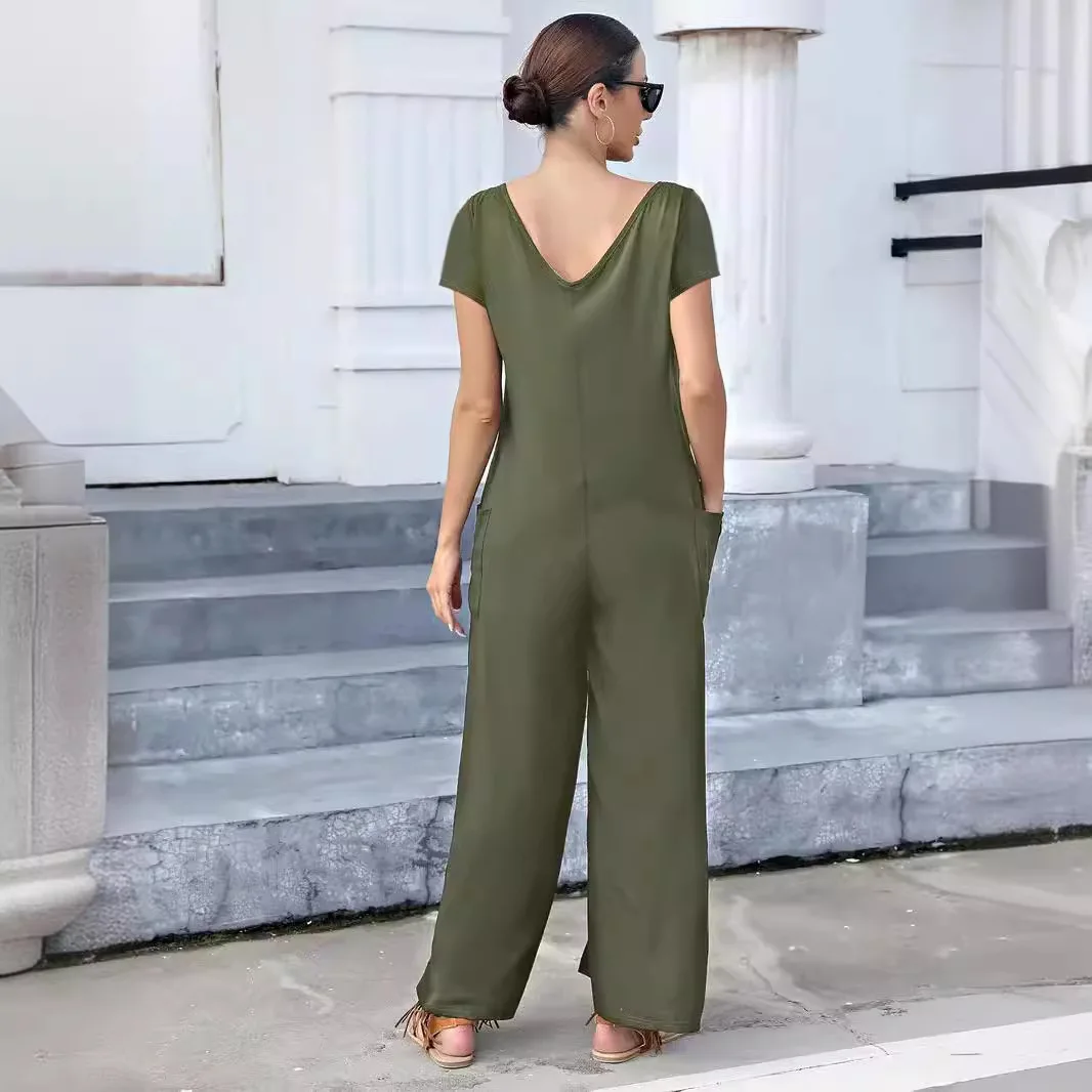 New Summer Women's Fashionable Solid Color Patch Bag Fashionable Jumpsuit V-neck Pants Wide Leg Long Pants