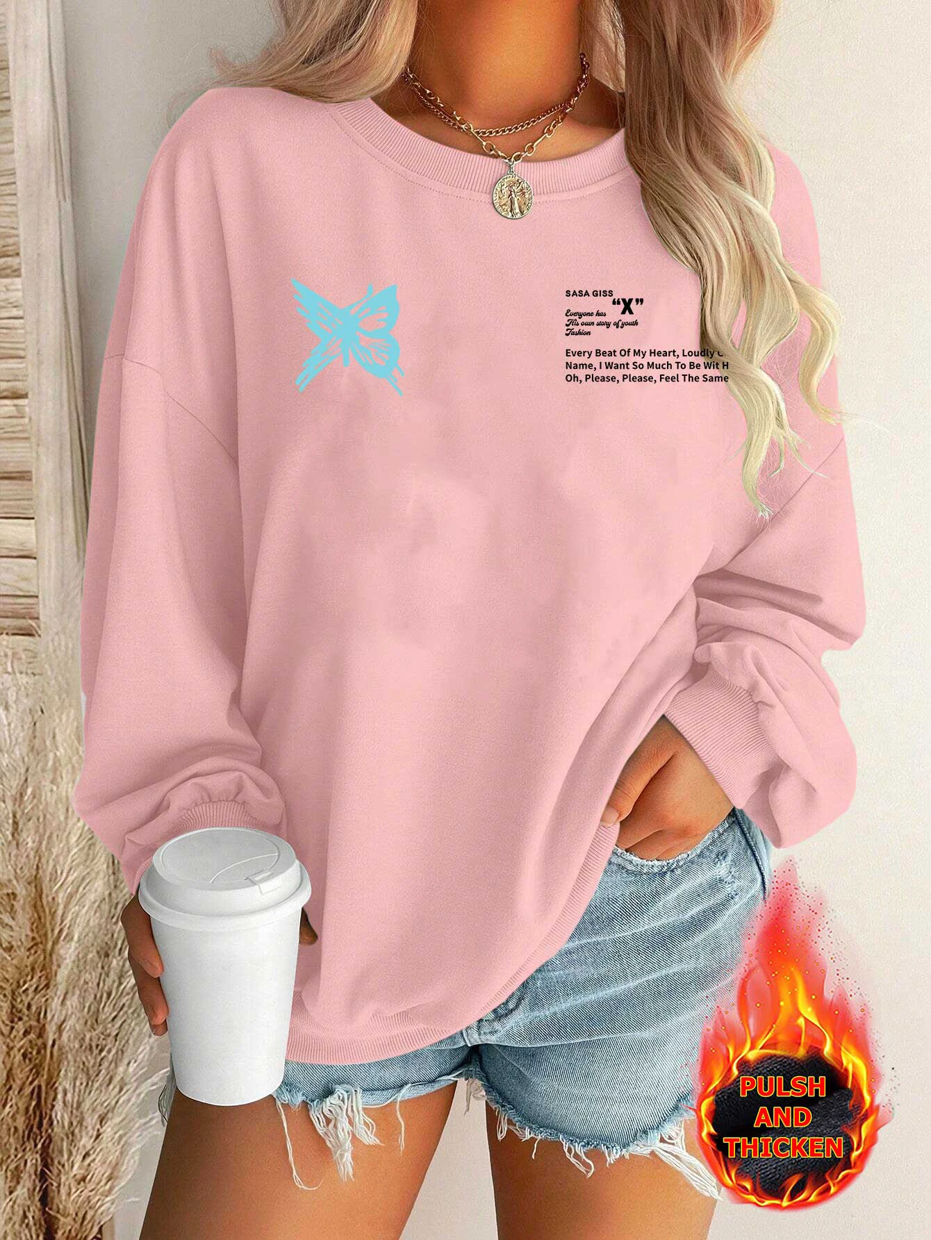 Elegant Women Cotton Hooded Crew Neck Essentials Sweatshirts Blue Butterfly Printed Casual Pullover Winter Clothes Women