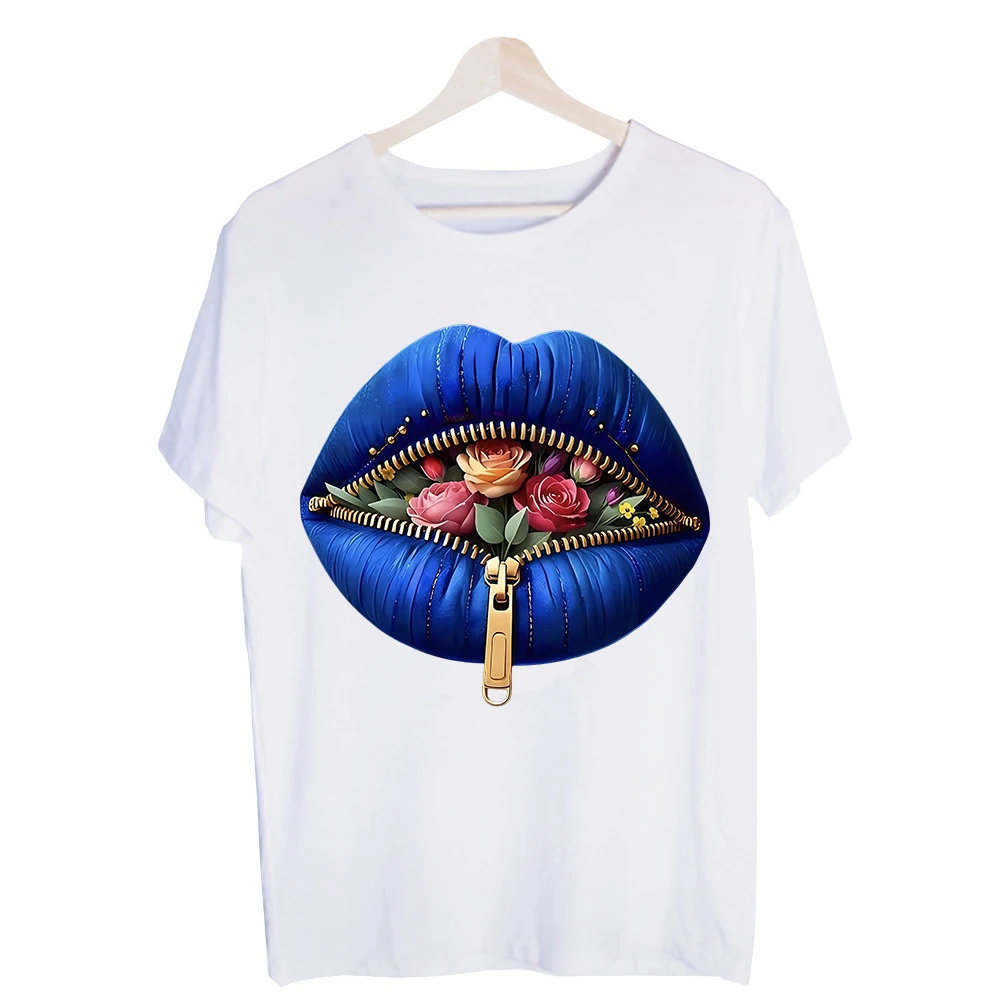 Women's Blue Lips with Zipper and Flowers Graphic Tee, Short Sleeve Crew Neck T-Shirt for Casual Daily Wear and Summer Outfits