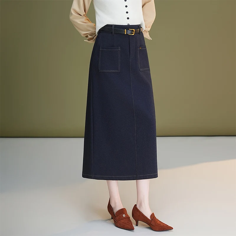 

Повседневная джинсовая юбка средней длины с карманами, женская, с высокой талией, прямого кроя, свободного силуэта, для осеннего сезона, стройнящая, струящаяся