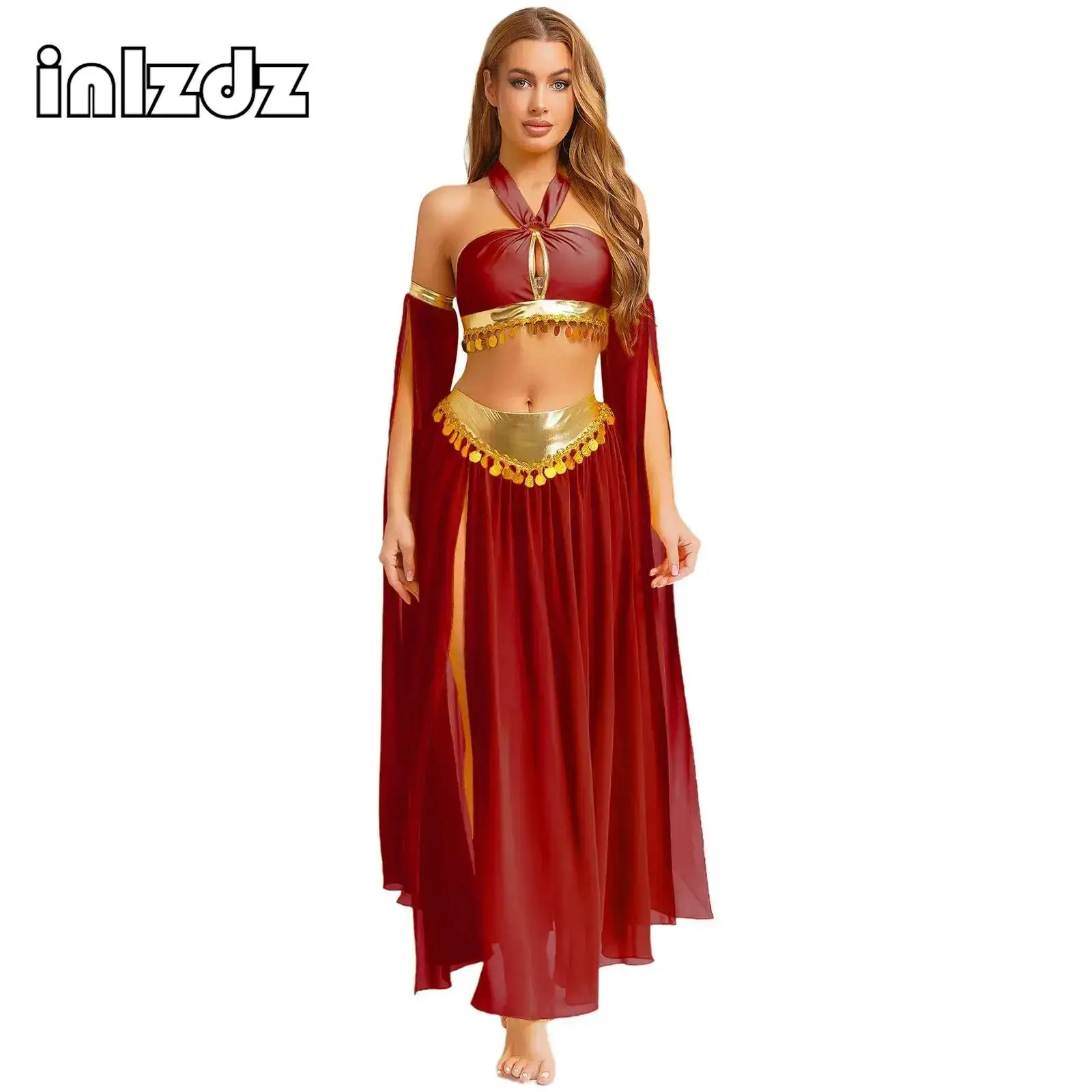 Women Belly Dance Performance Costume Set Self-Tie Halter Sequins Hem Crop Top with Side Slit Chiffon Skirt and Split Sleeves