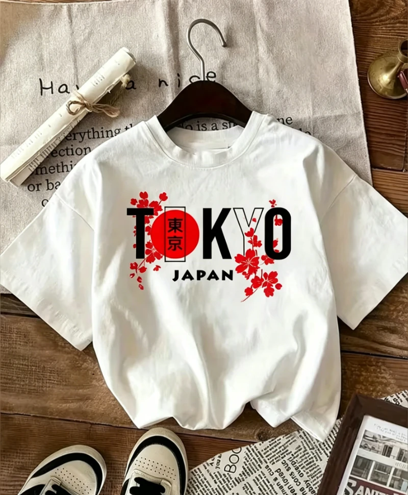 Tokyo Japan Kirschblüten-Print T-Shirt Retro Stadt-Grafik Kurzarm-Oberteil für Männer und Frauen Lässiges Lockeres Streetwear Alltags-T-Shirt – Detail 2