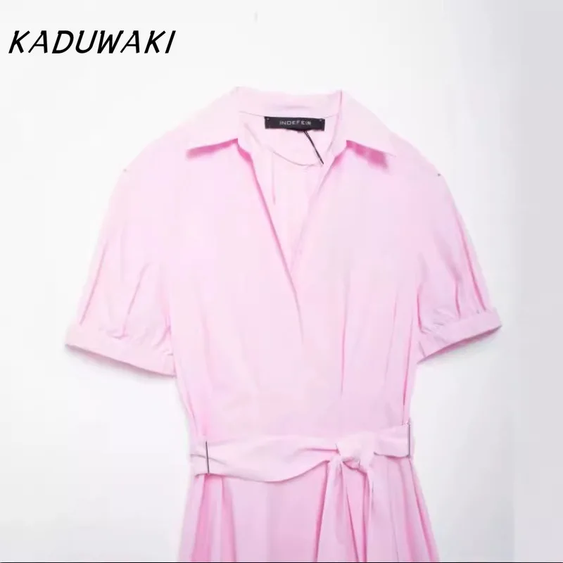 KADUWAKI Fashion Retro V-neck Short-sleeved Pink Shirt-style Madi Dresses Casual Belt Poplin Slim Y2k Vestidos De Tricô Femenino