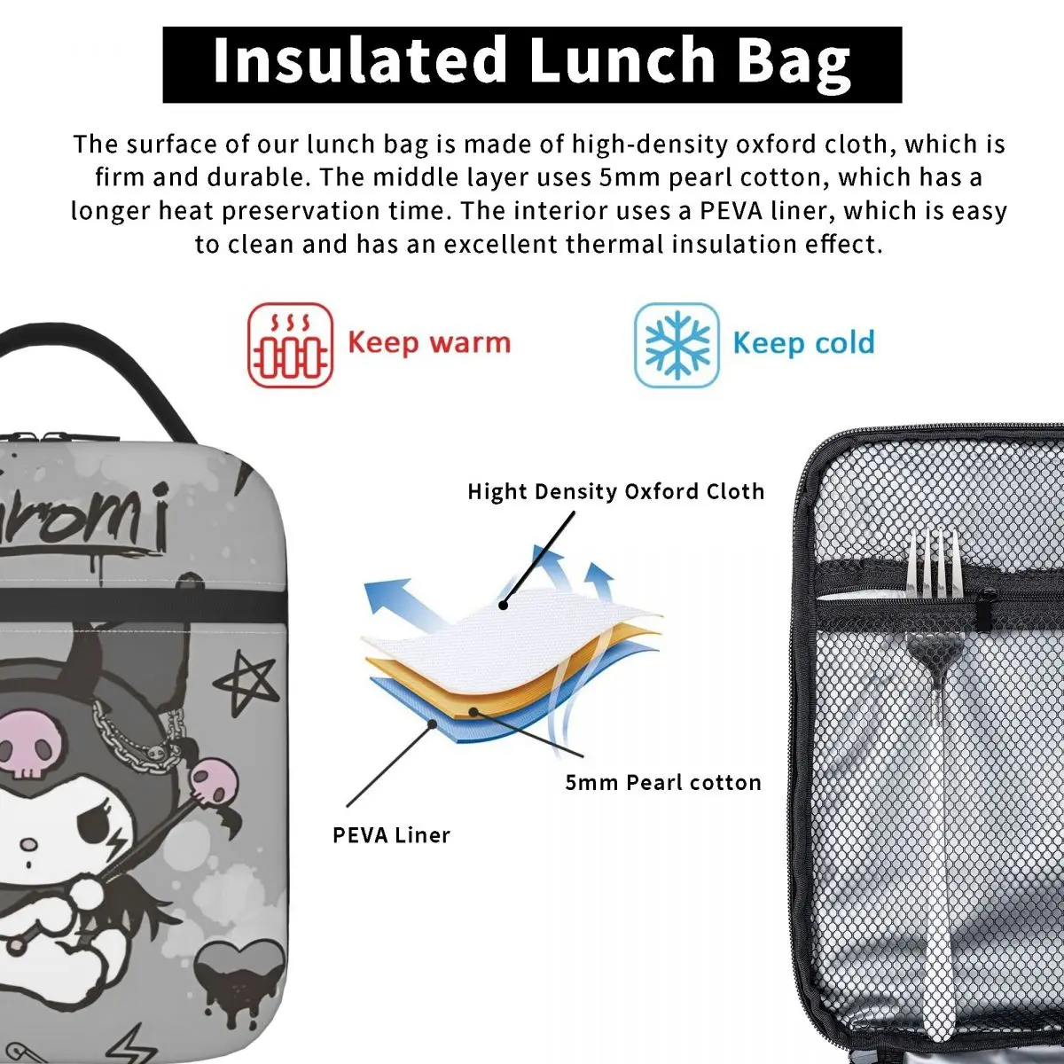 Saco térmico isolado bonito dos sacos de almoço de Kuromi preto reutilizável   Recipiente de refeição dos desenhos animados grande lancheira tote bento bolsa praia piquenique