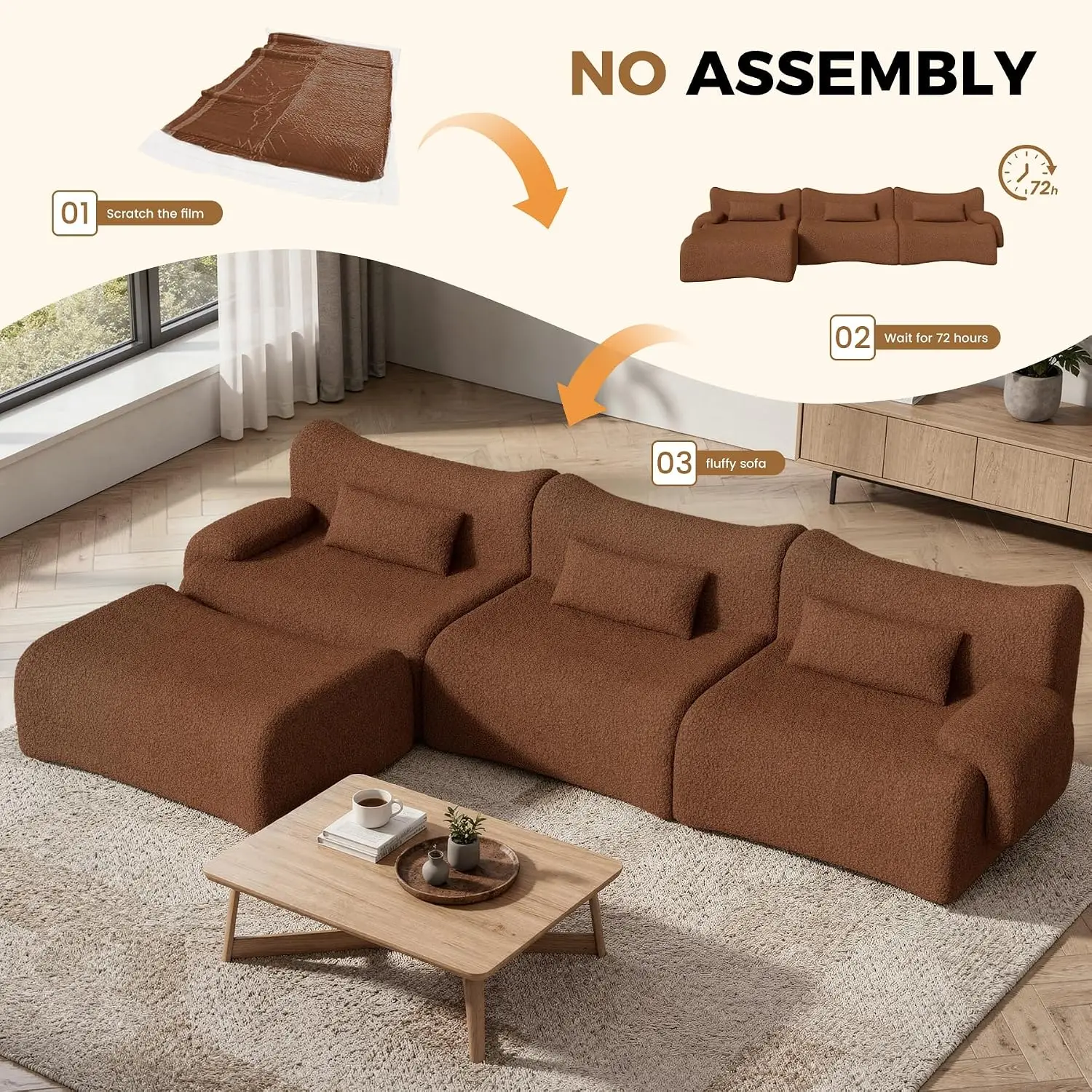 126" Cloud Couch Sectional, L Shaped Boneless Couches for Living Room - Oversized Modular Sofa with Deep Seats,, Customized - view 6