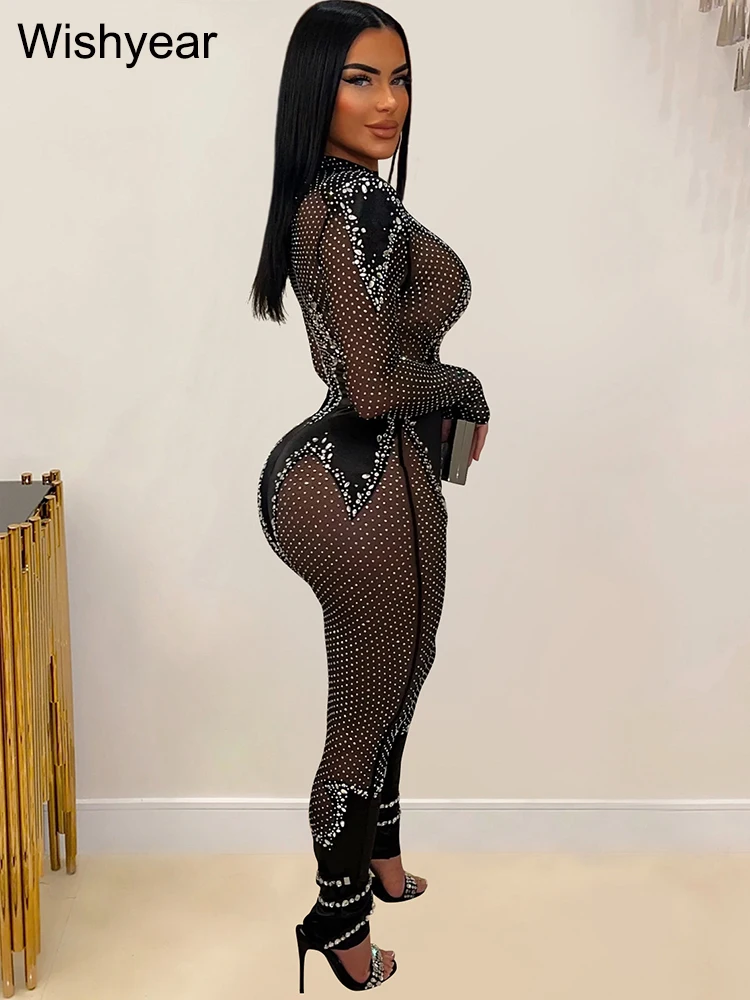 Wishyear Luxury Rhinestones Sparkle Long Sleeve Skinny Mesh Black Jumpsuits Women\'s Birthday Sexy Night Club One Piece Rompers