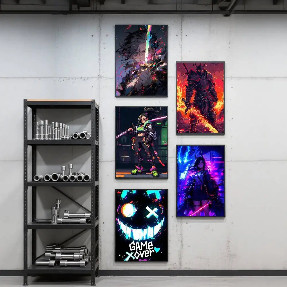 8-bit Style Warrior with Neon Glowing Sword Poster Art Print Anime Style Home Decor Ideal Gift Perfect Room Decor