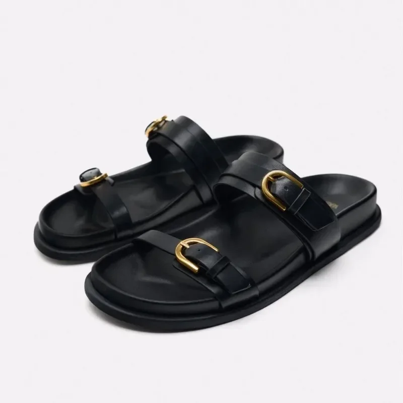 2024 Women's Sandals Metal Buckle Flat Sandals Woman Black Flat Slingback Shoes Female Summer Straps Round Toe Shoes