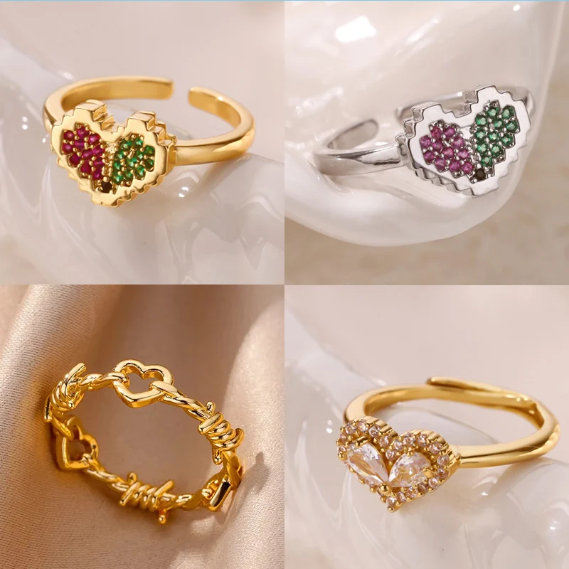 Zirkonfarbener Herzring für Frauen, goldfarben, Edelstahl, Herz, verstellbarer Ring, Hochzeitstag, wasserdichter Schmuck, Geschenk