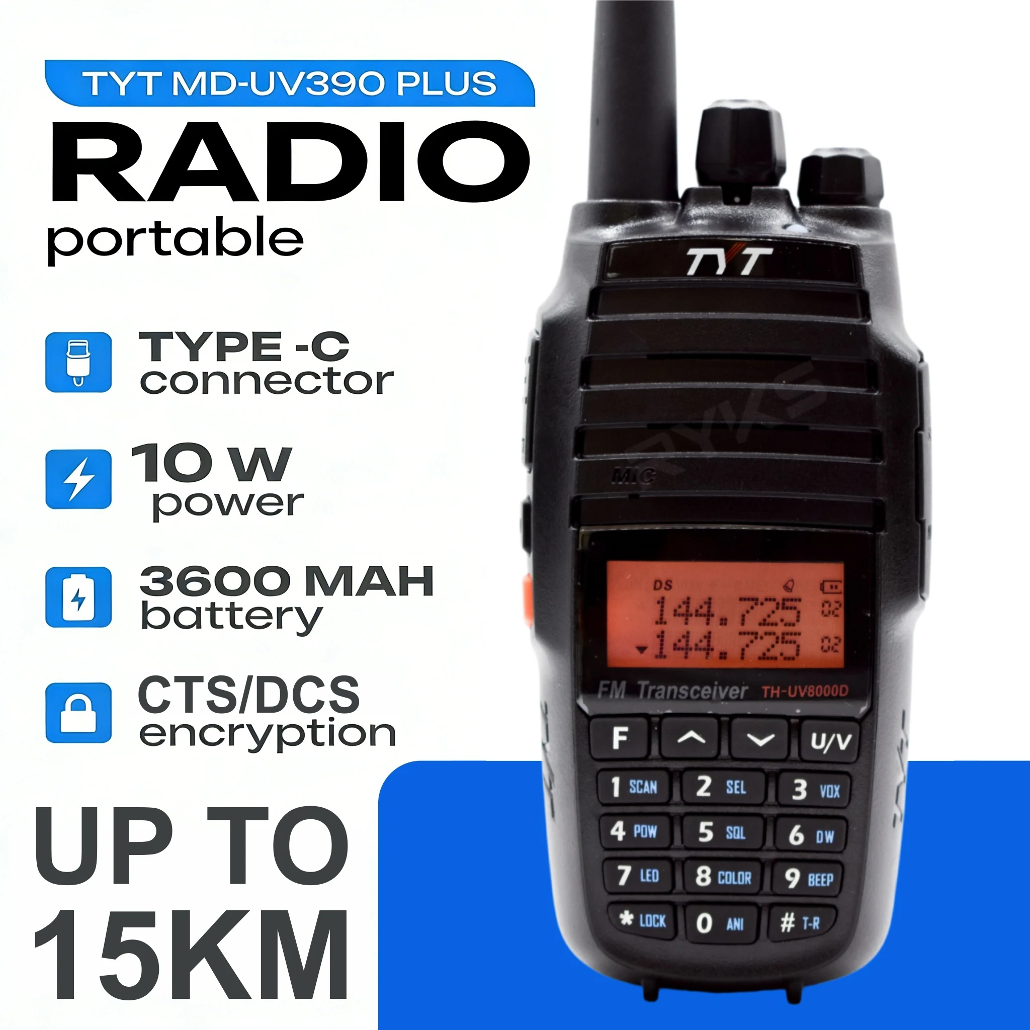 

Мощная портативная рация Tyt Th-UV8000D 10 Вт, двухдиапазонная (136-174 МГц и 400-520 МГц), с аккумулятором 3600 мАч и 2 антеннами