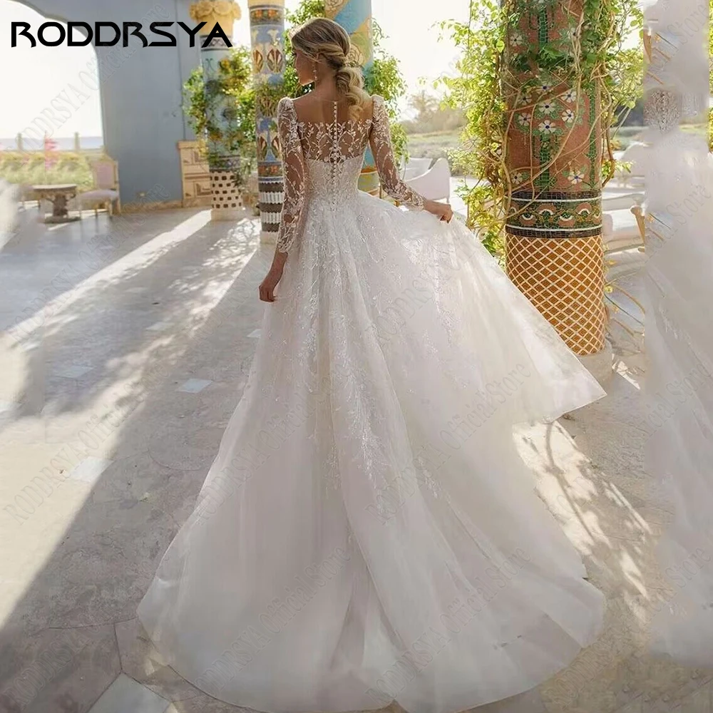 RODDRSYA Exquisite Tulle Wedding Dresses Long Sleeves Scoop Neck Bride Gowns Illusion Back A-Line Applique vestidos de novia