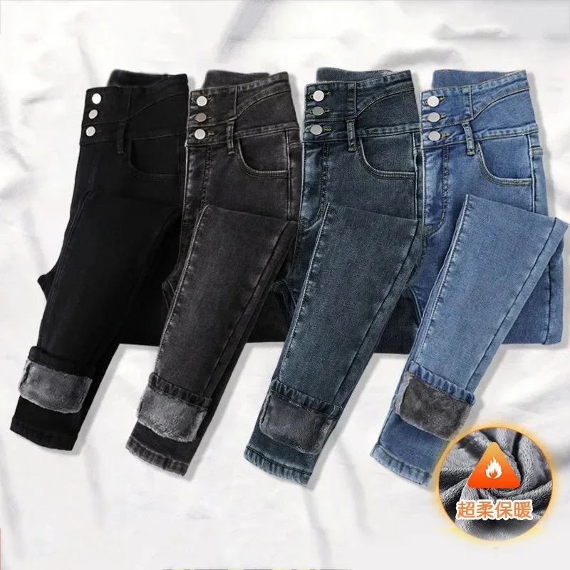 Calças jeans grossas de peito único para mulheres, jeans de veludo e veludo, streetwear de cintura alta, moda coreana, inverno