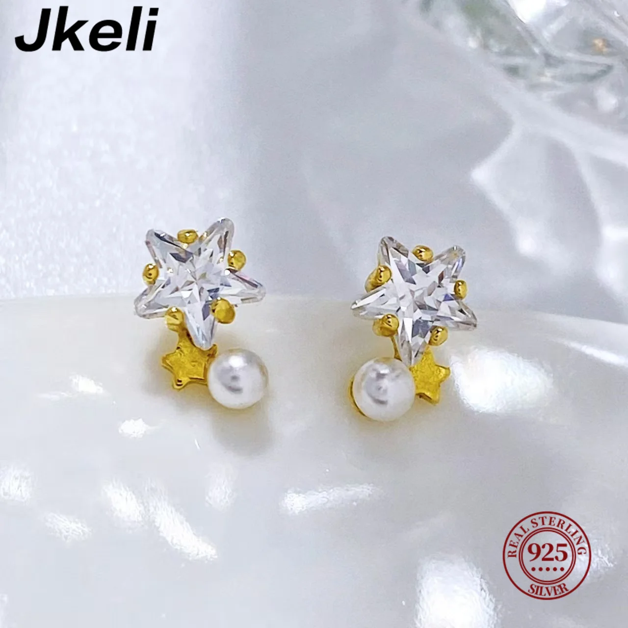 

Jkeli Women's Cute Arc Size Star Zircon Pearl Stud Earrings 925 Sterling Silver 14k Gold Plated Simple Temperament Jewelry