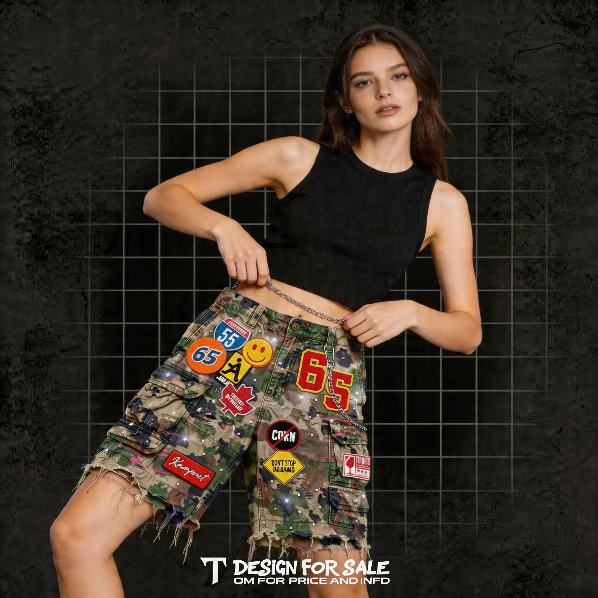 Camouflage Patchwork Denim Short Y2k Jeans Women Hip Hop Cartoon Graphics Loose Retro Streetwear Denim Fitness Casual Shorts