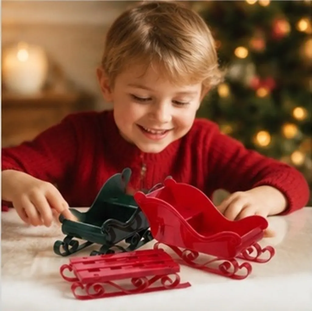 3Pcs Mini Christmas Sleigh Ornament Plastic Sleigh Decoration Vibrant Detailed Sleight for Tabletop Shelf Desktop Holiday