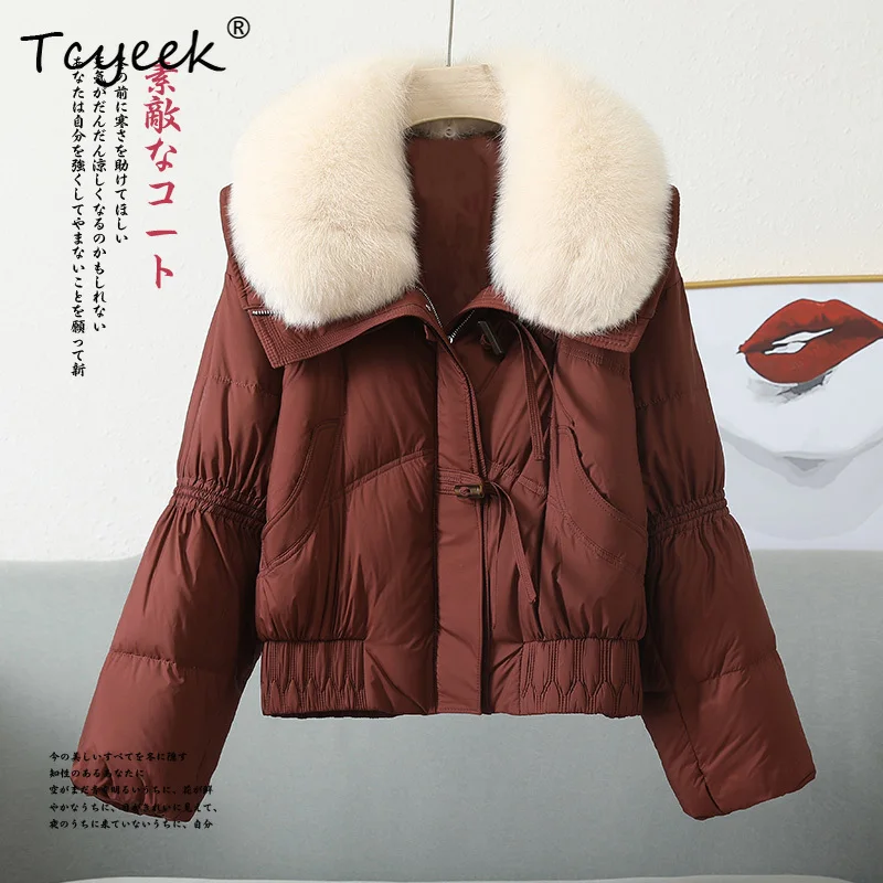 Tcyeek Autumn Winter Square Collar Detachable Real Fox Fur Collar Women's White Goose Down Fur Coat Casacas Para Mujer Invierno
