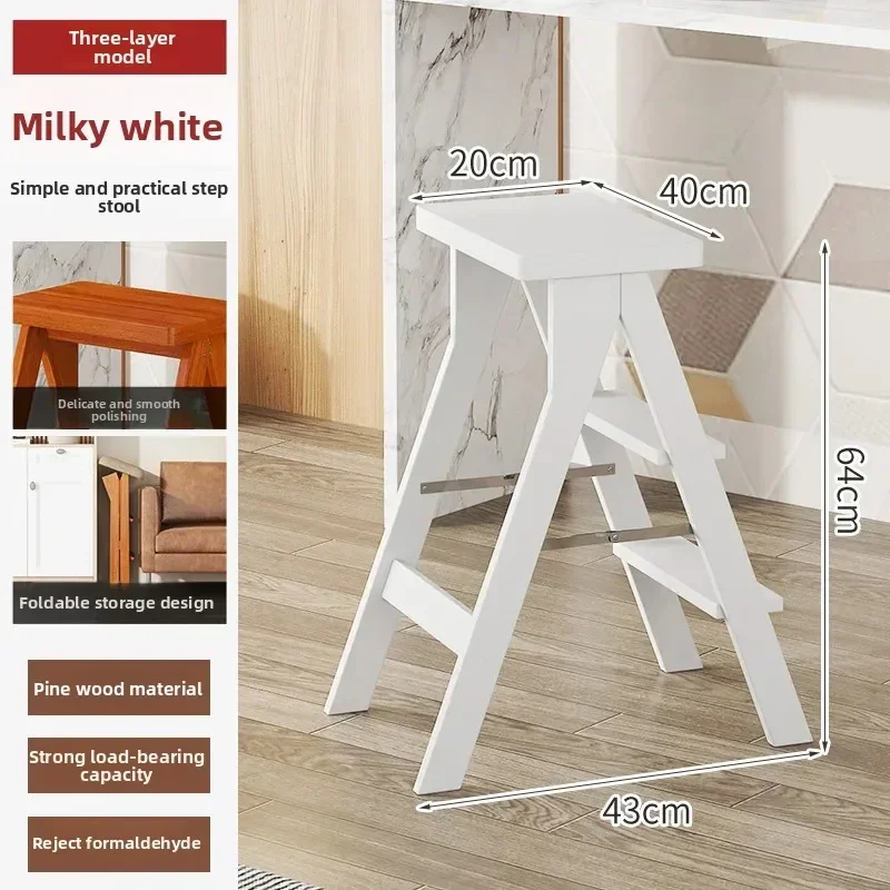 High Stool Foldable Bar Chair Solid Wood Simple Three-step Climb Ladder Household Goods
