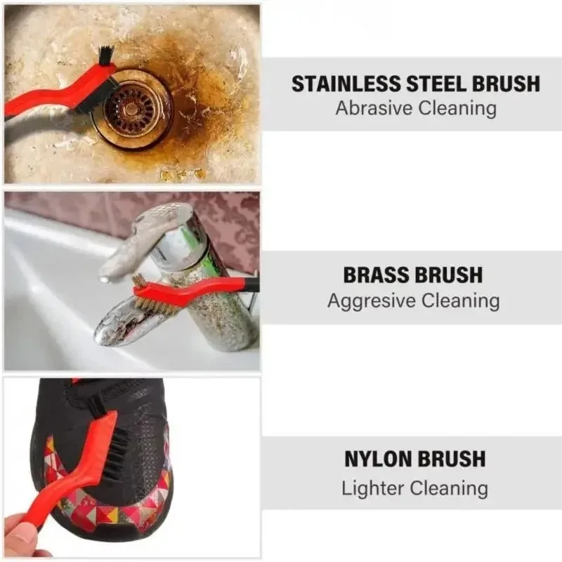 مجموعة فرشاة سلك نايلون نحاس شعيرات من الفولاذ المقاوم للصدأ مقبض منحني إزالة طلاء الأوساخ الصدأ التنظيف العميق أدوات تنظيف التنظيف #3