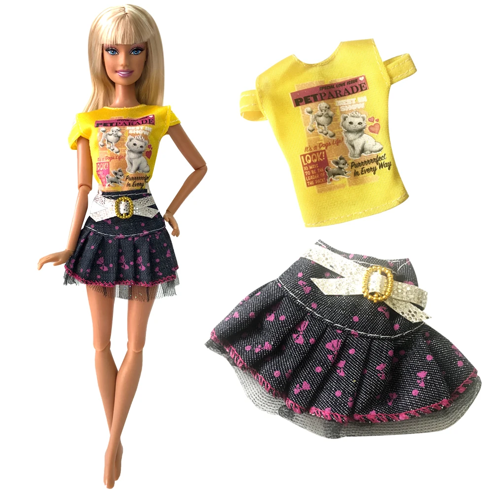 

NK 1 Set Doll Fashion Outfit Jeans Skirt Cartoon Printing For 1/6 Doll Clothes Girl Favourite Gift Party Gown