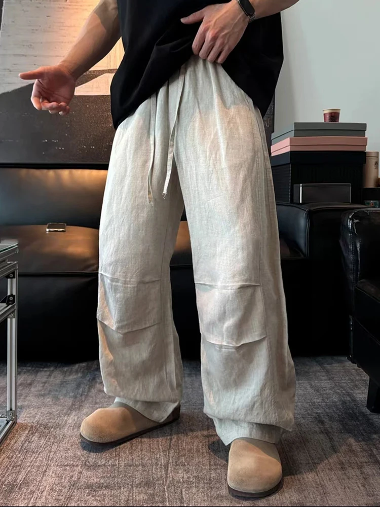 

Loose Fit Linen Pants Men's Summer Thin Wide Leg Pants Drapey Comfortable Cotton Linen Pleated Knife Casual Trousers