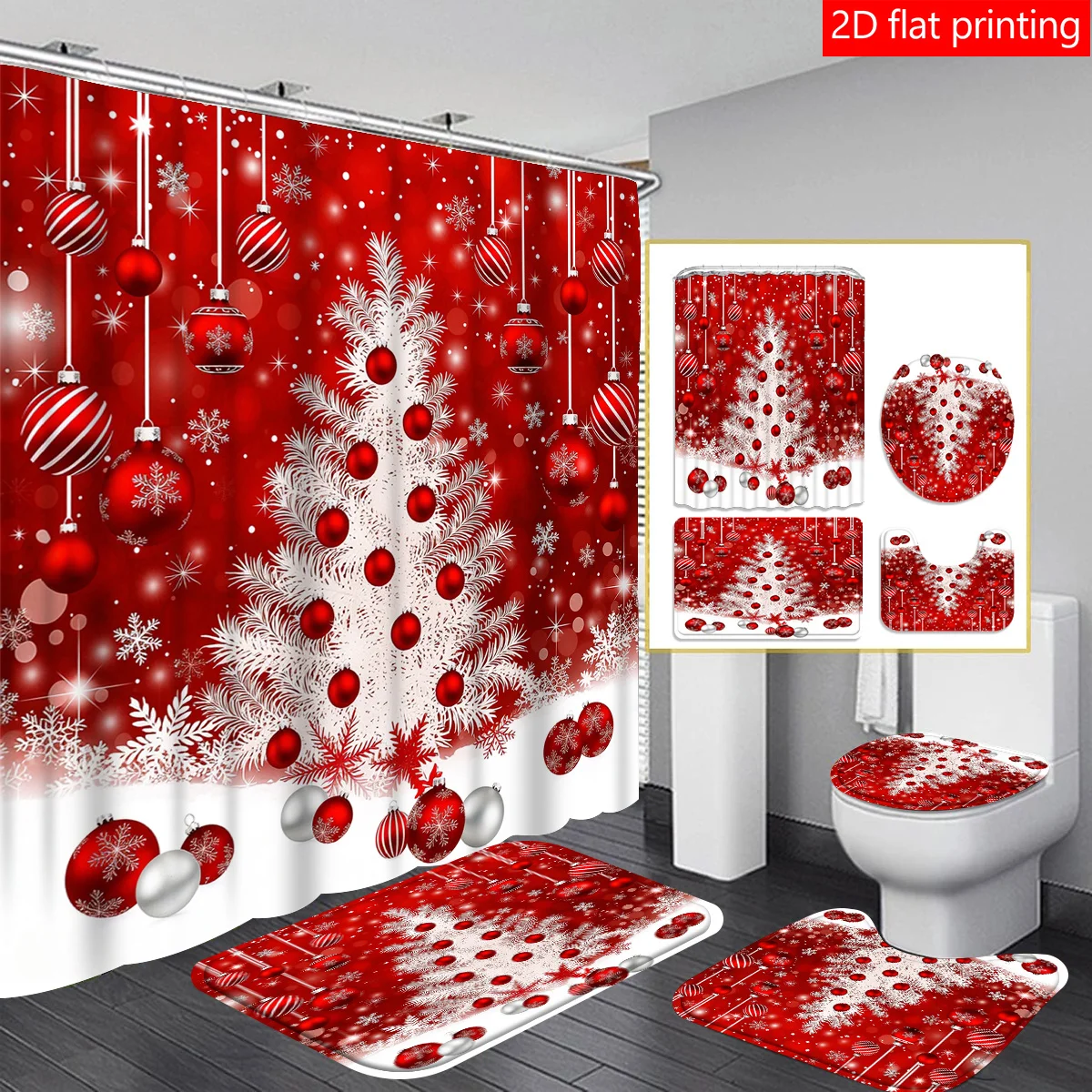 

4PCS Christma-themed shower curtain set, 2D Flat Printing bathroom partition curtain, home decoration, modern home curtain decor
