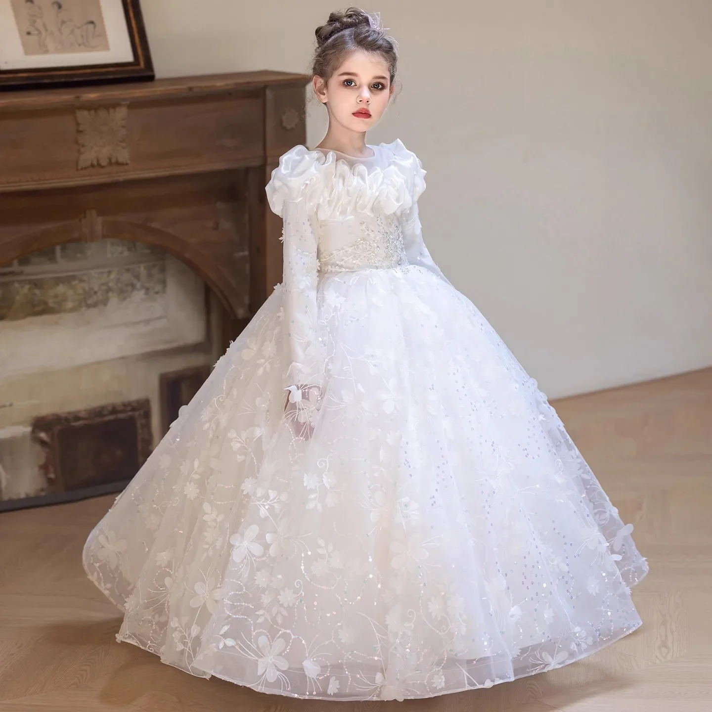Elegant Wedding Bridesmaids Party Girls Dresses Long Sleeve Birthday Dresses For Girl First Communion Dance Prom Kid Clothes