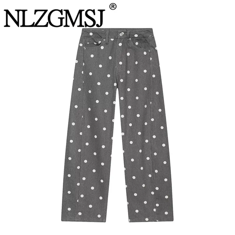 Nlzgmsj 2026 Women High Waist Vintage Denim Jeans Polka Dot Print Cropped Straight Leg Ankle Length Casual Pants