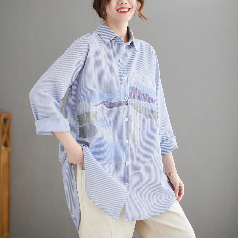 

Loose Women's Embroidered Midi Long Sleeve Cotton Shirt Striped Versatile Large Size Loose Blouse Top Comfortable Fit Shirt