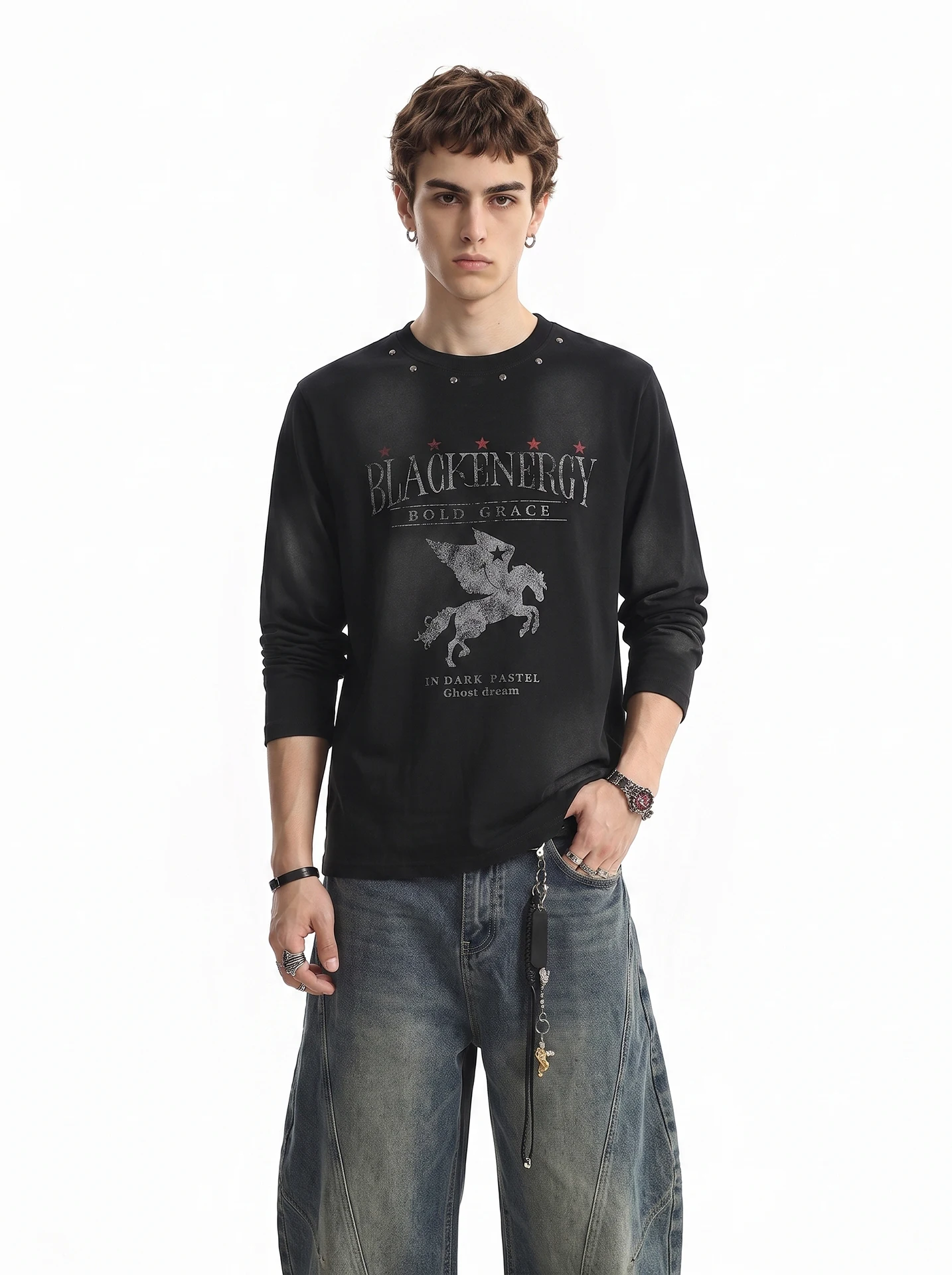 BETEBULE American High Street  Letter Print Rivet Long Sleeve T-Shirt Men's Autumn Street Loose Top Youth Fashion