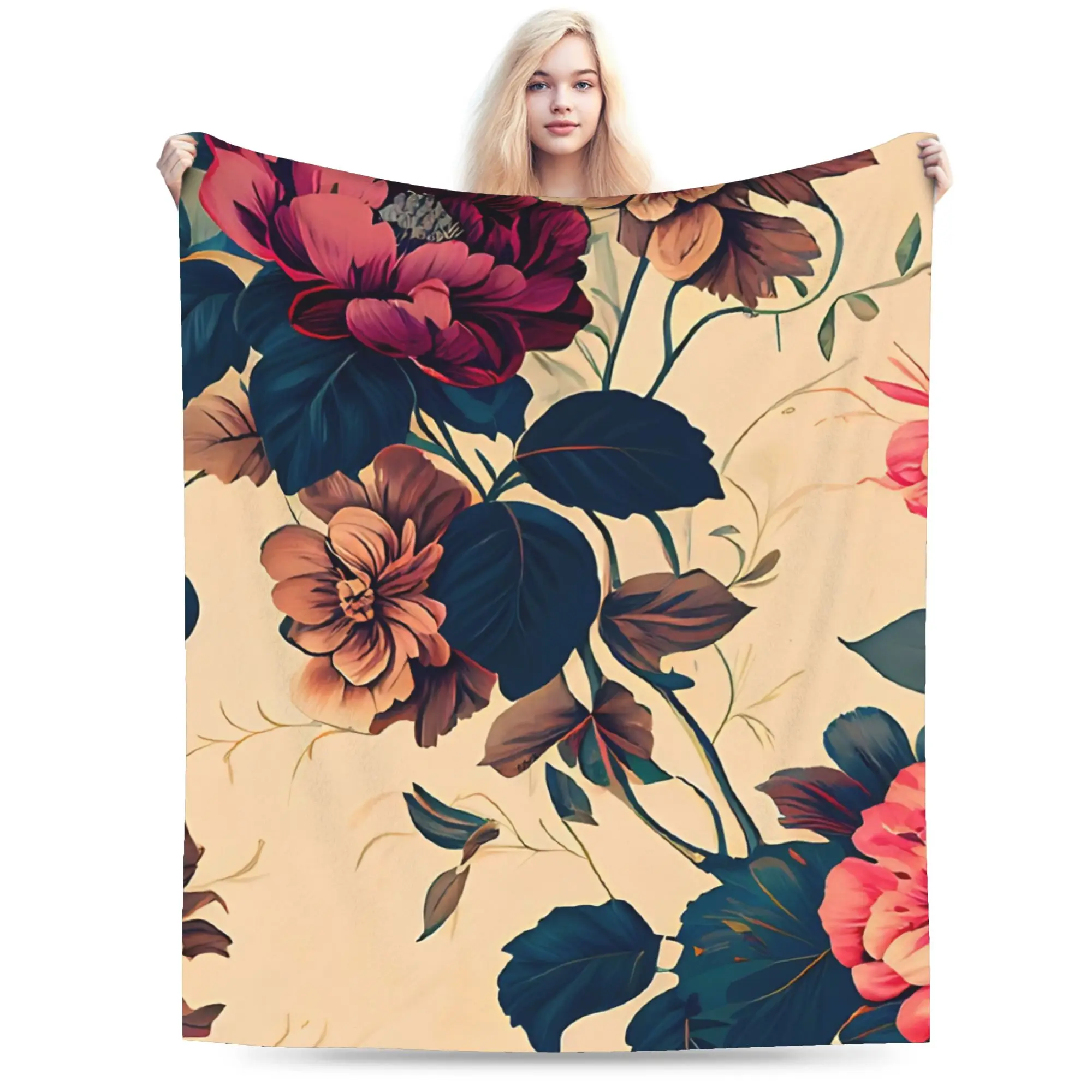 Vintage Poppy  Flannel Blanket Winter  Soft Durable Throw Blanket for Kids Adult Living Room Fashion Bedspread Sofa Bed Cover