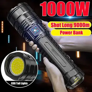 10000LM 800W ส่วนใหญ่ไฟฉาย LED ที่มีประสิทธิภาพยุทธวิธี 15000 mAh แบตเตอรี่ในตัว Flash Light สปอตไลท์ฉุกเฉิน 4km วันหยุดของขวัญ