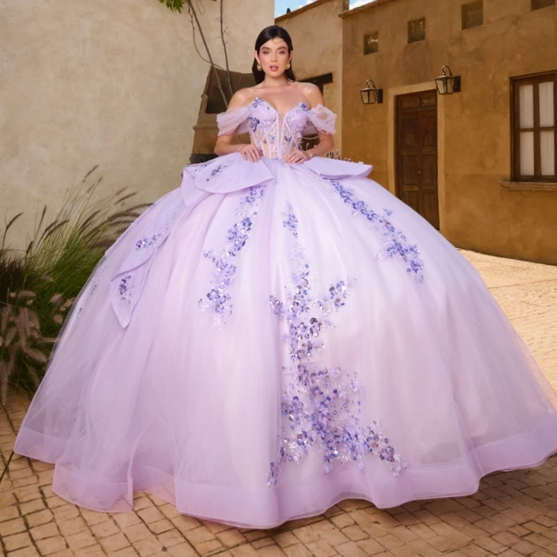 

Light Lilac Shiny Quinceanera Dresses Off The Shoulder Sequin Applique Lace Beads Bow Tull Corset Party Birthday Sweet 16 Dress