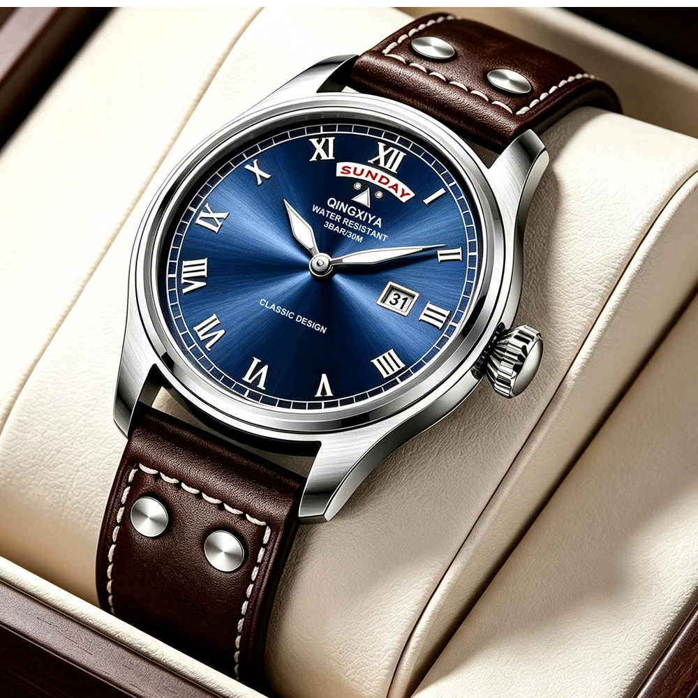 QINGXIYA Modische Casual Herren Quarzuhr Luxus Leder Wasserdichte Sportuhr Militäruhr für Männer Relogio Masculino – Detail 9
