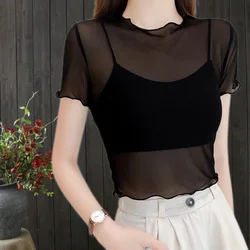 Short Sleeves Tops Sexy Skinny Women T-shirt Summer Mesh Streetwear Bottom Shirts Y2k Crop Tops Harajuku Kawaii Clothing O-neck