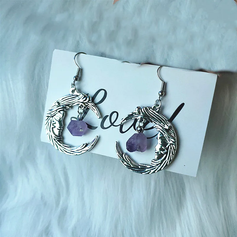 irregular purple crystal moon earrings women  jewelry dark style gothic stone pendant magic wiccan witch style macabre amulet