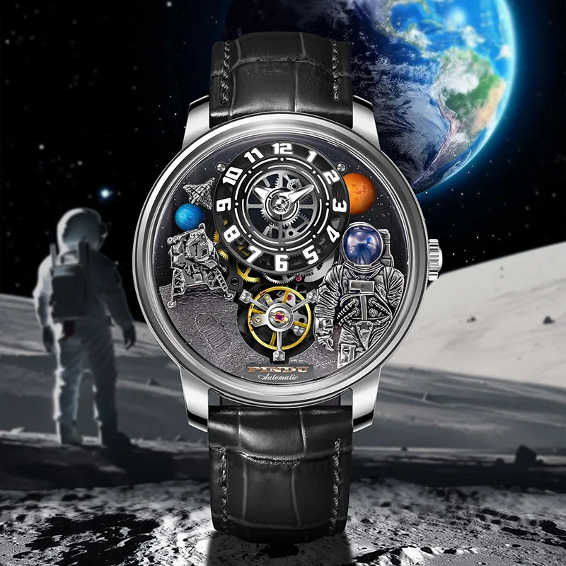 PINDU Astronaut Dial ผู้ชายหรูหราและแฟชั่นส่วนบุคคลอัตโนมัติ Serpentine Tourbillon นาฬิกากันน้ํา