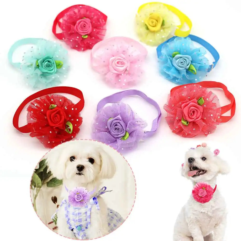 30PCS Adjustable Dog Collars Lace Flower Pet Dog Bow Ties Spring Puppy Bowties Spring Pet Groomming Supplies For Dogs