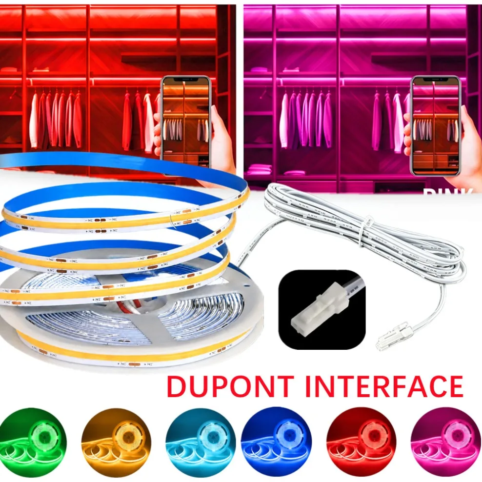 Multi-color DC12V/24V Dupont Interface Only COB Strip Light 320LEDs/m 8mm Soft Cuttable Lighting for Closet Kitchen Shelves DIY