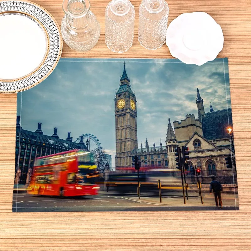 Home Decor London Street Print Linen Dining Table Mats Alphabet Kitchen Placemat 30X40cm Coasters Pads Bowl Cup Mat