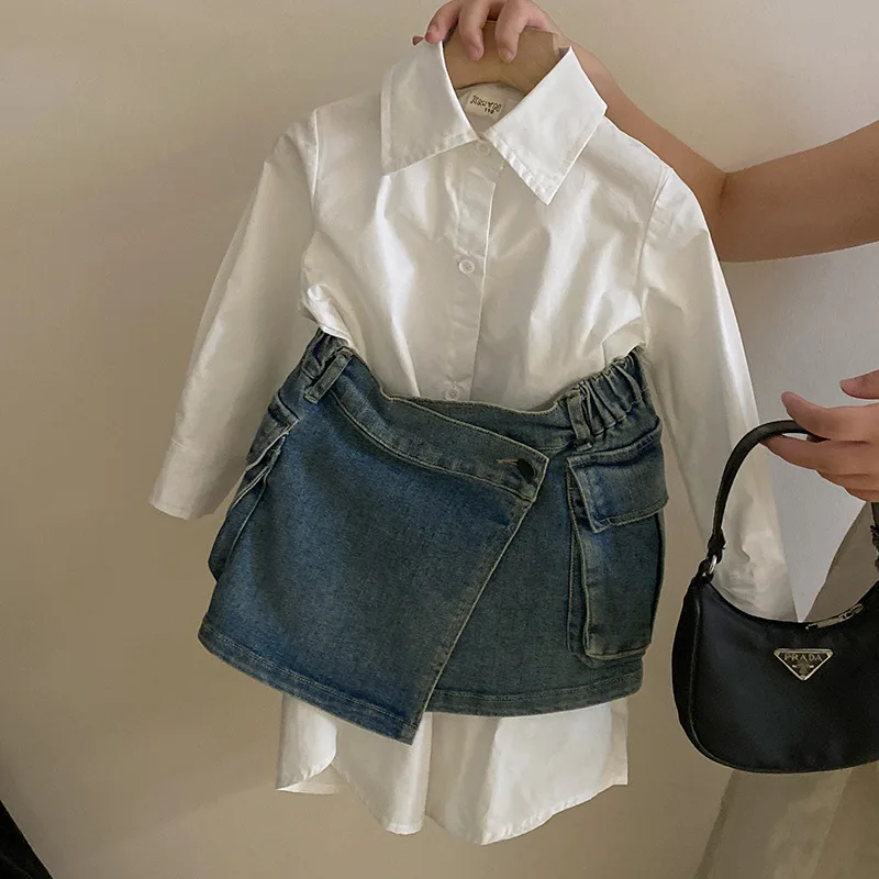 

Kids Wear Autumn New Girls Long Shirt + Denim Skirt Fashion Set