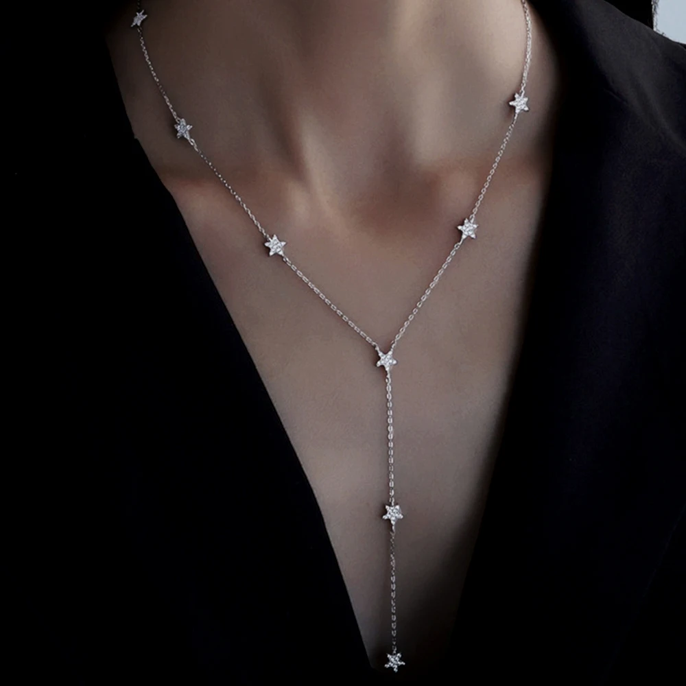 Genuine S925 Sterling Silver Multi Star Pendant Adjustable Chain Necklace Jewelry Gift for Women Wife Her Birthday Anniversary